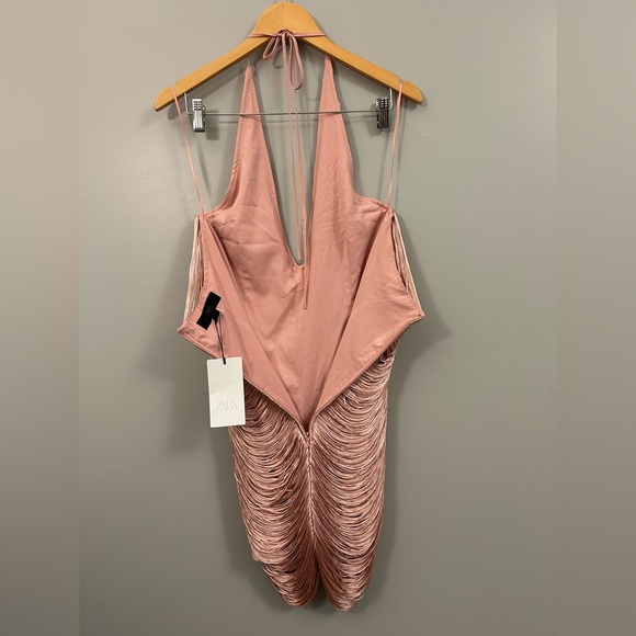 Zara Short Fringed Halter Blush Pink Dress Large NWT - Picture 10 of 13